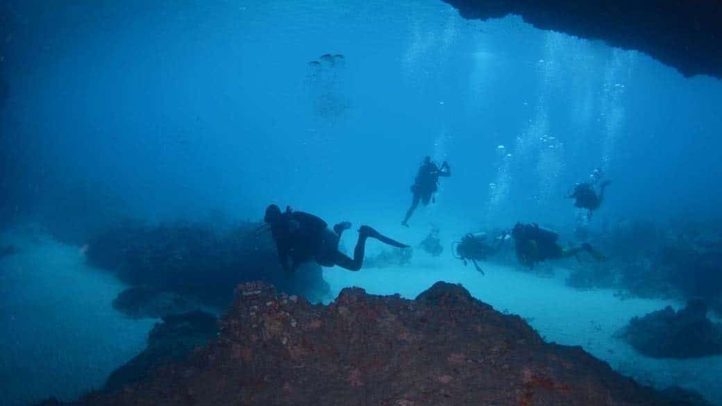 In the Blue Room underwater cave, everything is completely bathed in blue light