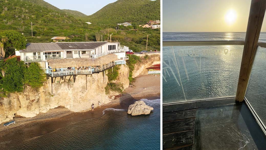 Restaurant Blue View in Curacao on the cliffs with glass bottoms in Westpunt