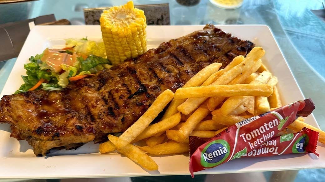 Ribs with fries, corn and a small salat