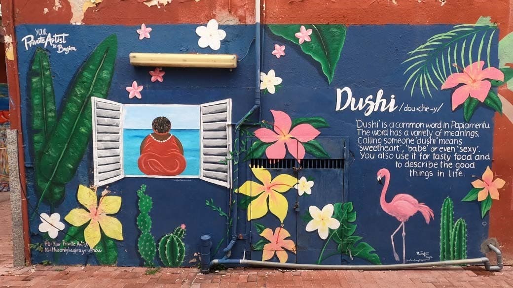 Papiamentu Dushi on a wall in Willemstad - explanation of the word in the local language