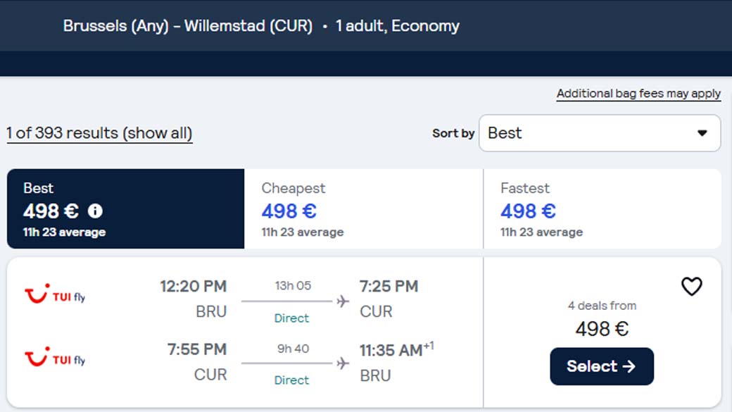 Beispiel Deal auf SkyScanner: Hammerpreis für den Flug von Europa nach Curacao