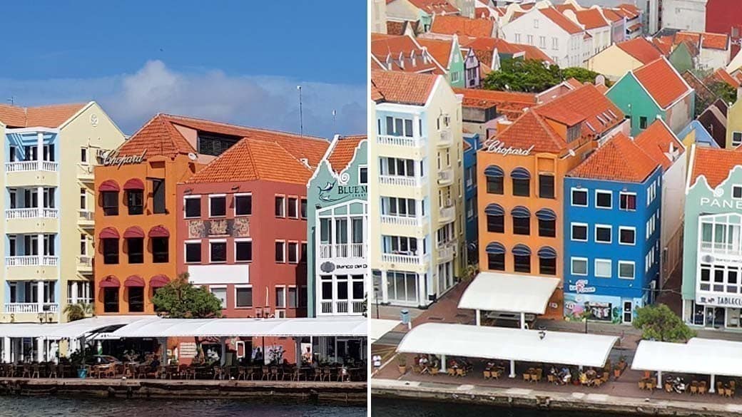 Zweigeteiltes Bild, das den Farbwechsel der Rundmarkisen und der Fassade von Rot nach Blau zeigt