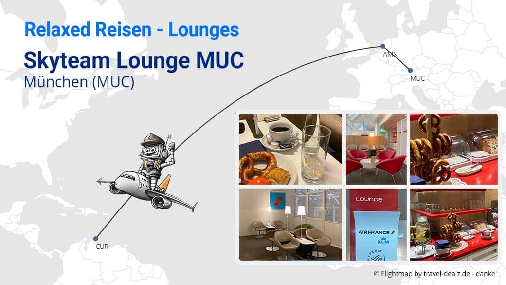 Die Skyteam Lounge in München mit kleinem Asolis auf dem Flugzeug nach Curacao